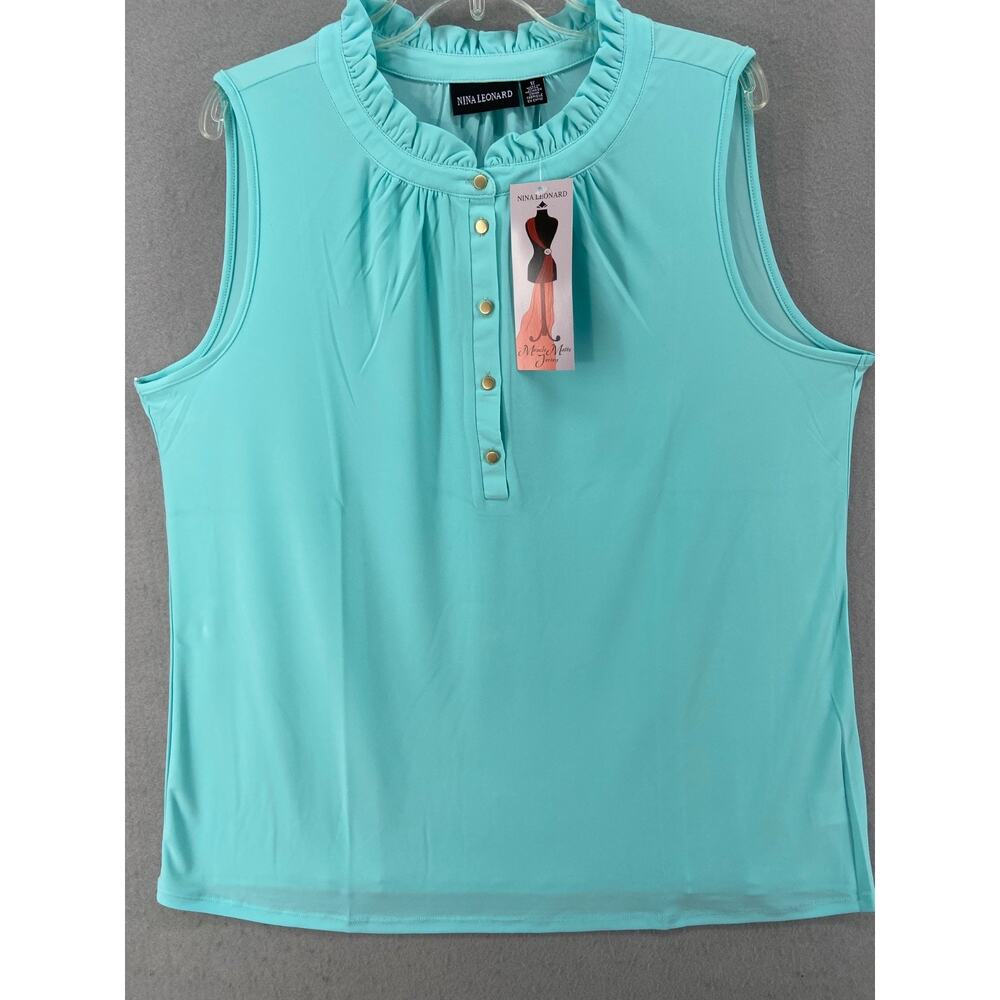NWT Nina Leonard SZ 1X Plus Green Ruffle Collared Gold Button Sleeveless Tunic‎
